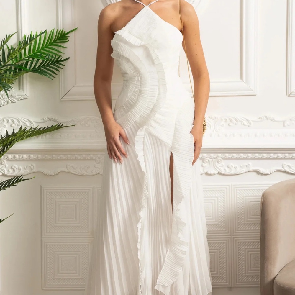 Sierra Darien - PLEATED HALTER MIDI DRESS WITH CASCADING RUFFLE DETAILS - WHITE